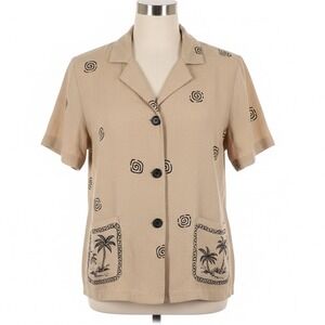 Intriguing Threads Safari Shirt Womens L Tan Giraffe Palm Tree Button Up Blouse